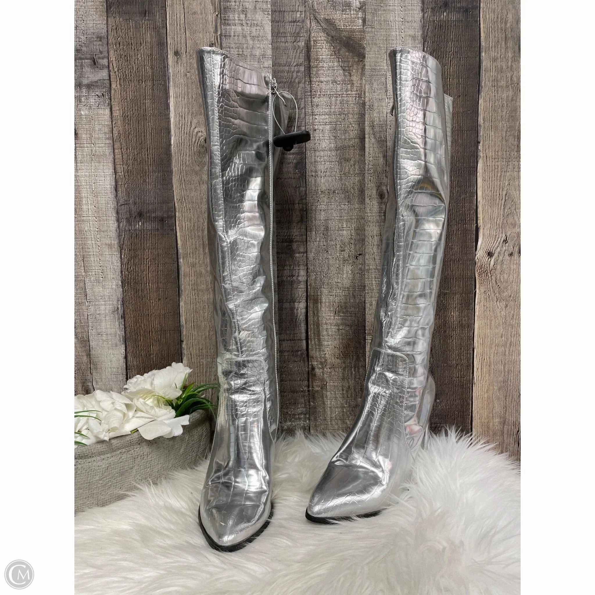 Secure fit Boots Knee Heels By Cmf In Silver, Size: 10