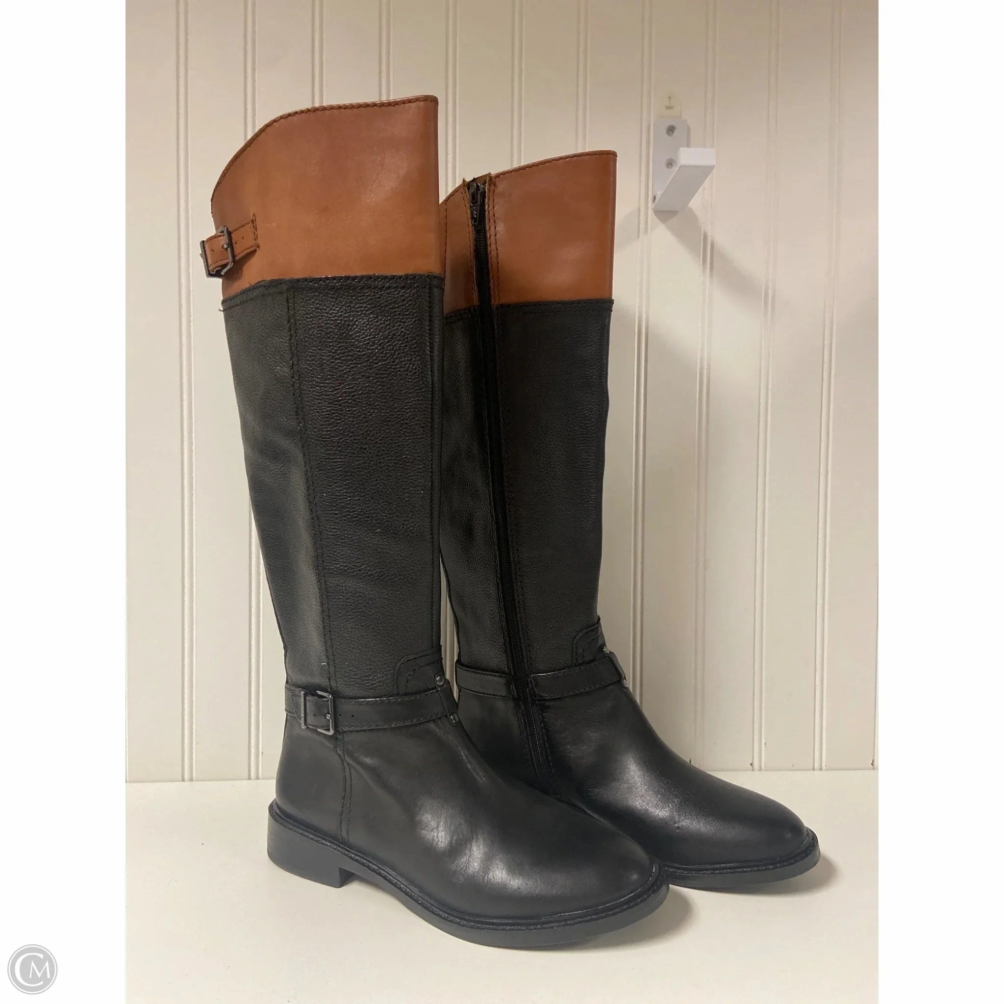 Boots Knee Heels By Gianni Bini In Black & Brown, Size: 6.5 Gloss Shine