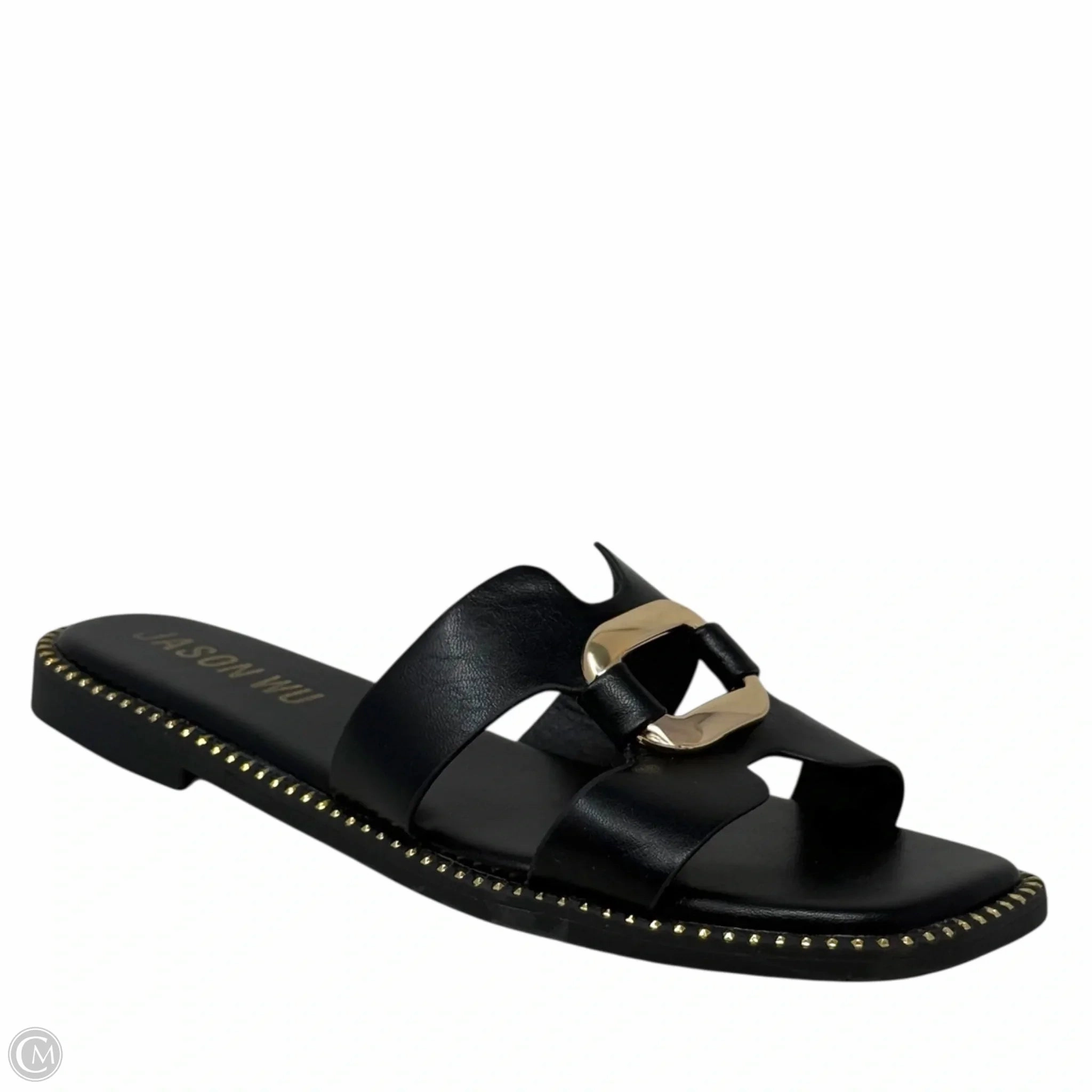 Dani??s Gold Buckle Flat Slide Sandals Designer By Jason Wu In Black & Gold, Size: 9 Couple Pair Adjustable Straps