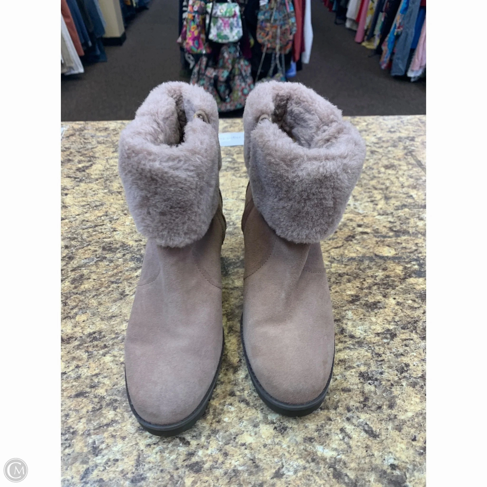 Flexible Outsole Construction Boots Designer By Ugg In Taupe, Size: 8