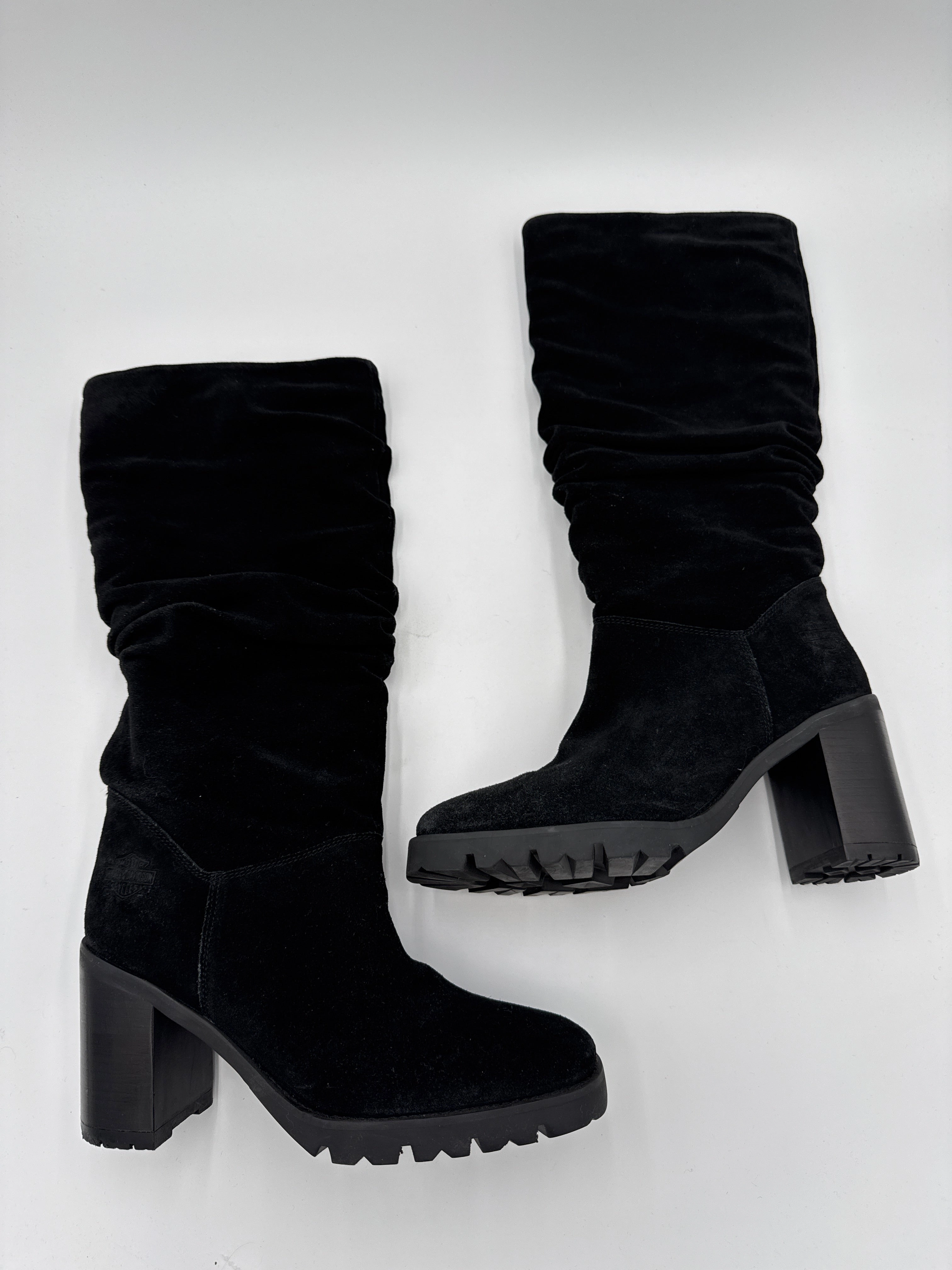 Non Marking Outsole Low Profile Night Travel Boots Knee Heels By Harley Davidson In Black, Size: 9.5