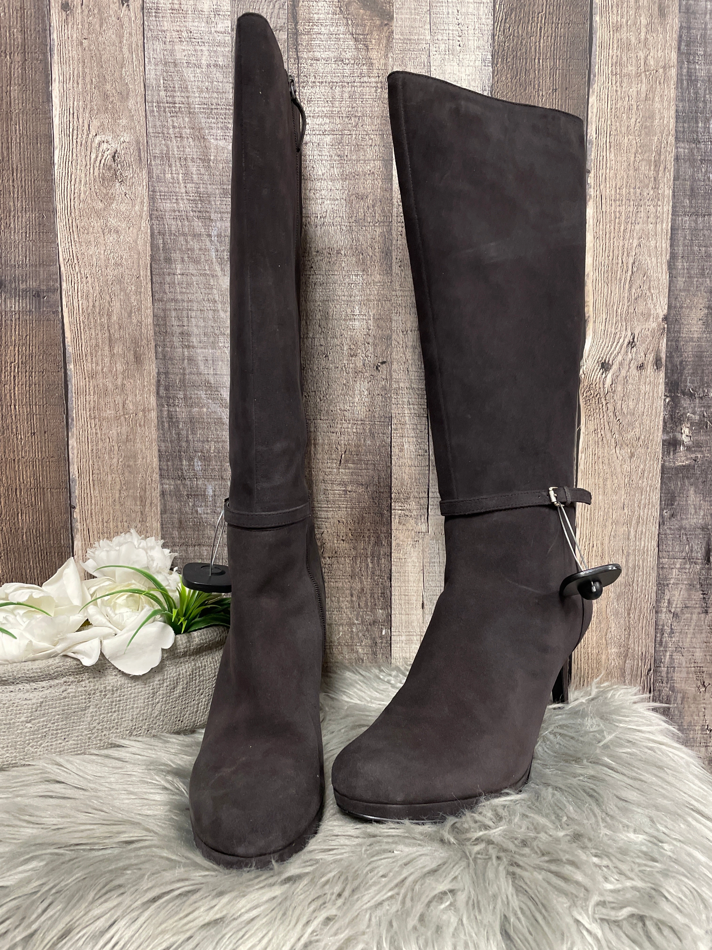 Rugged Built Adventure Journey Boots Knee Heels By Nine West In Grey, Size: 11