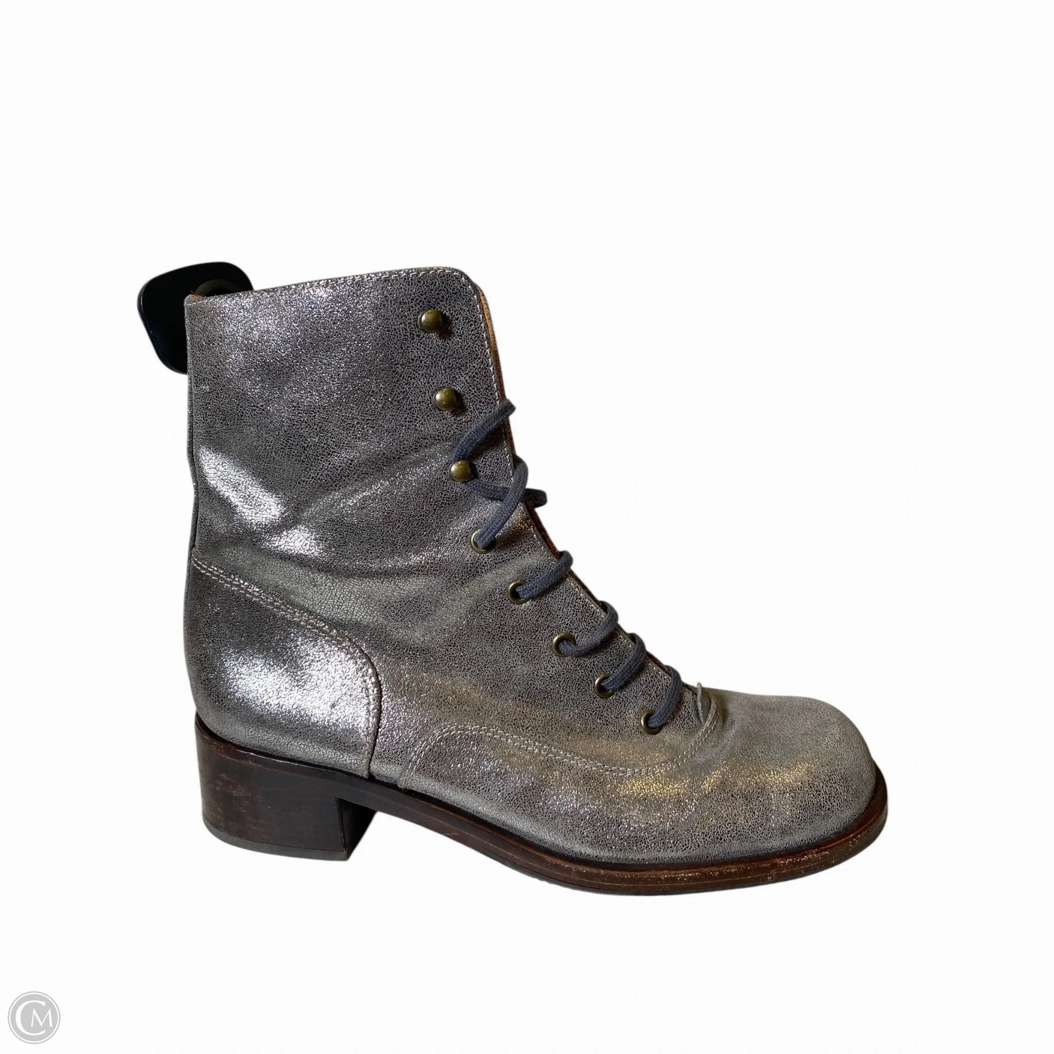 Leather Upper Boots Mid-calf Heels Designer By Chie Mihara In Silver, Size: 41