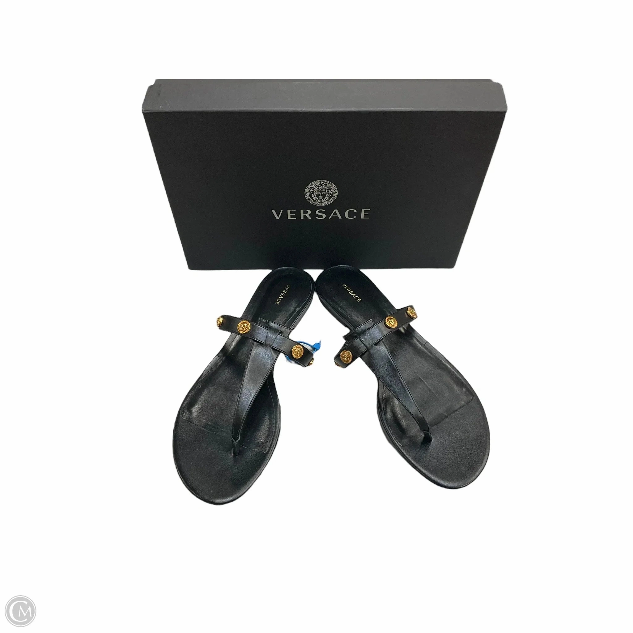 Sandals Luxury Designer By Versace In Black, Size: 9.5 Synthetic Upper Red Glow