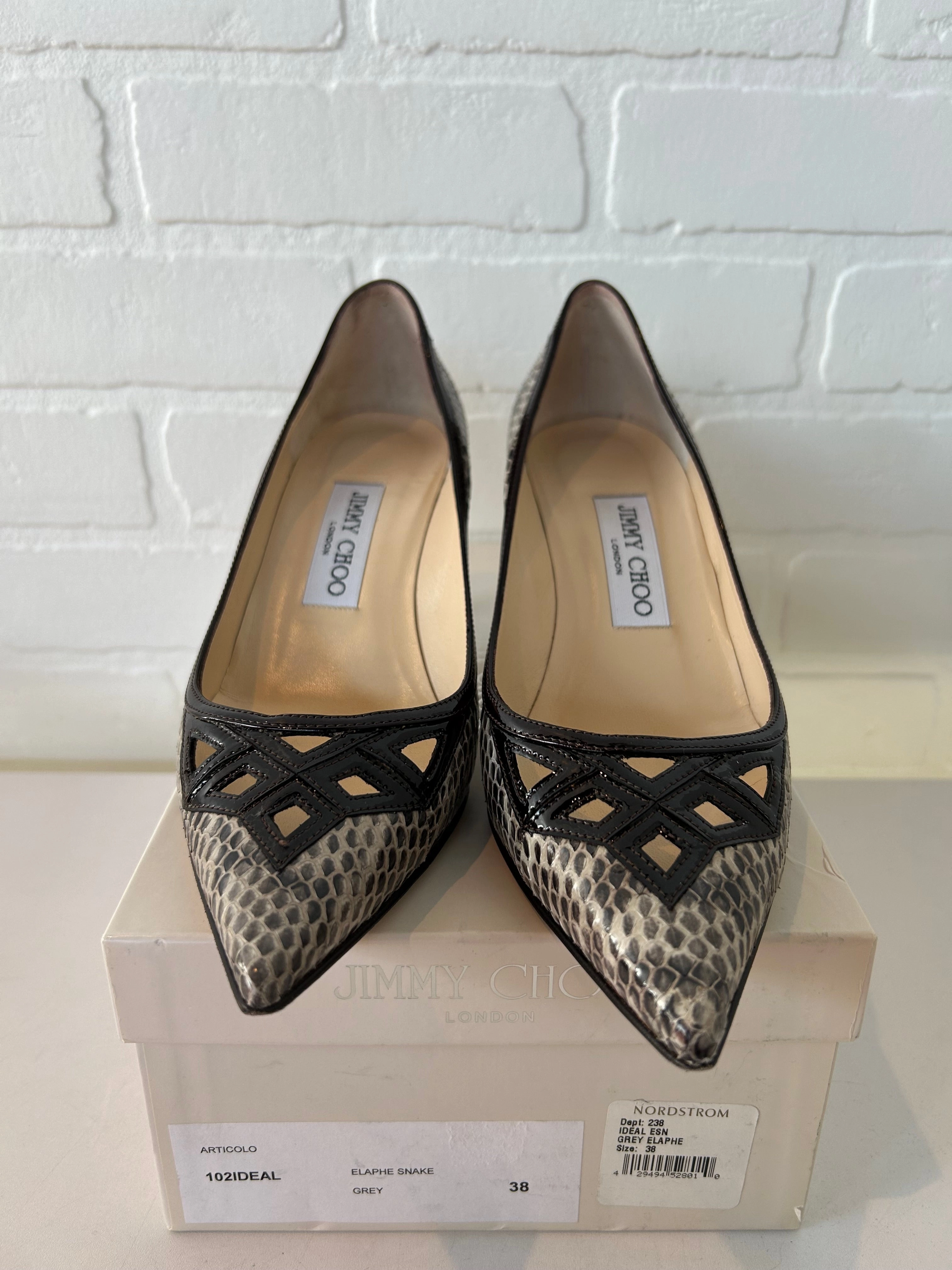 Deep Shade Shoes Luxury Designer By Jimmy Choo In Snakeskin Print, Size: 7.5