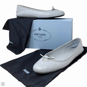 Nappa Lambskin Leather Bow Ballerina Flats Luxury Designer By Prada In Cornflower (Fiordaliso), Size: US 9/IT 39 Anatomical Contour Design