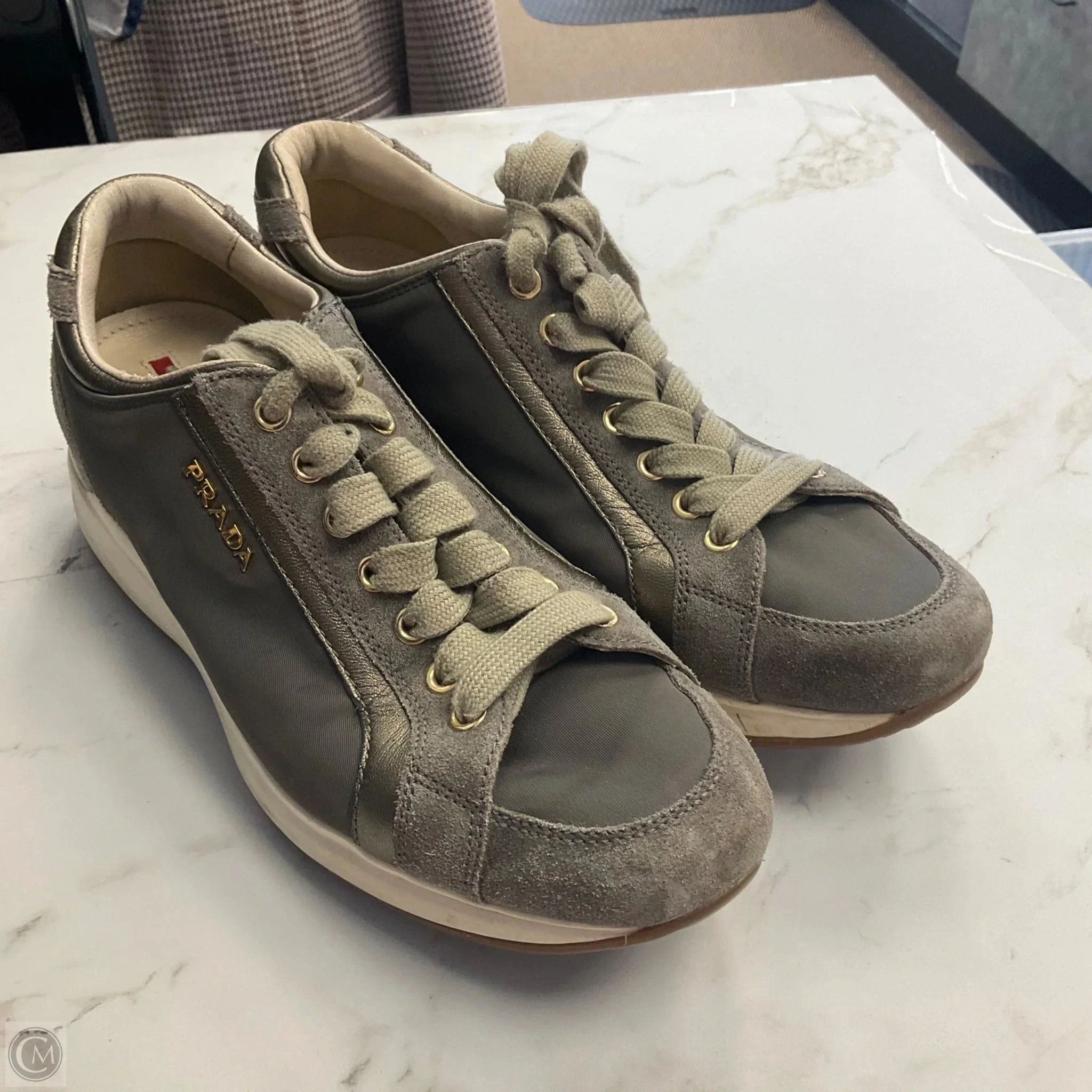 Rich Jewel Shoes Luxury Designer By Prada In Green & White, Size: 7