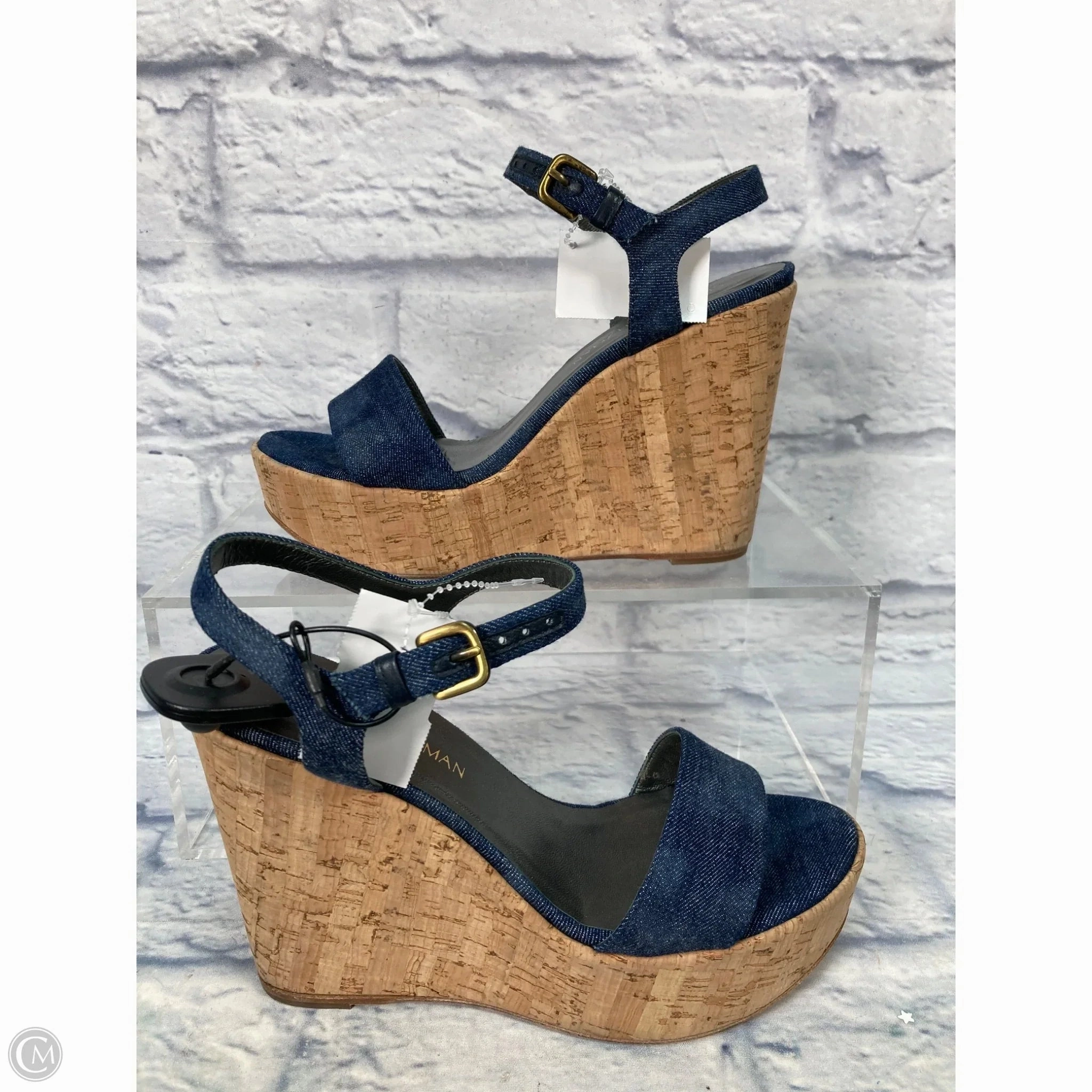 Travel Must Ergonomic Heel Cup Sandals Designer By Stuart Weitzman In Blue & Brown, Size: 9