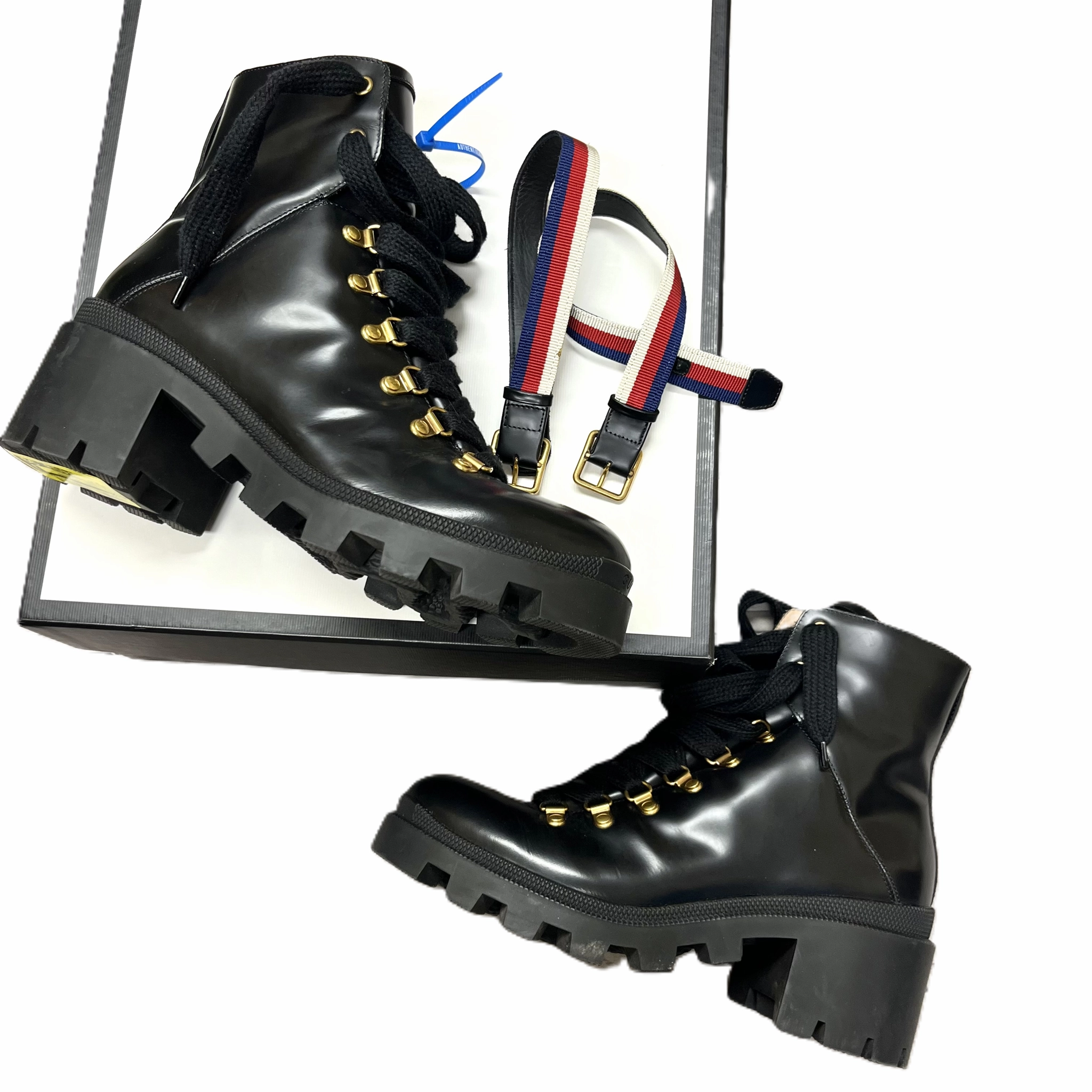 Boots Luxury Designer By Gucci In Black & Gold, Size: 9.5 velcro