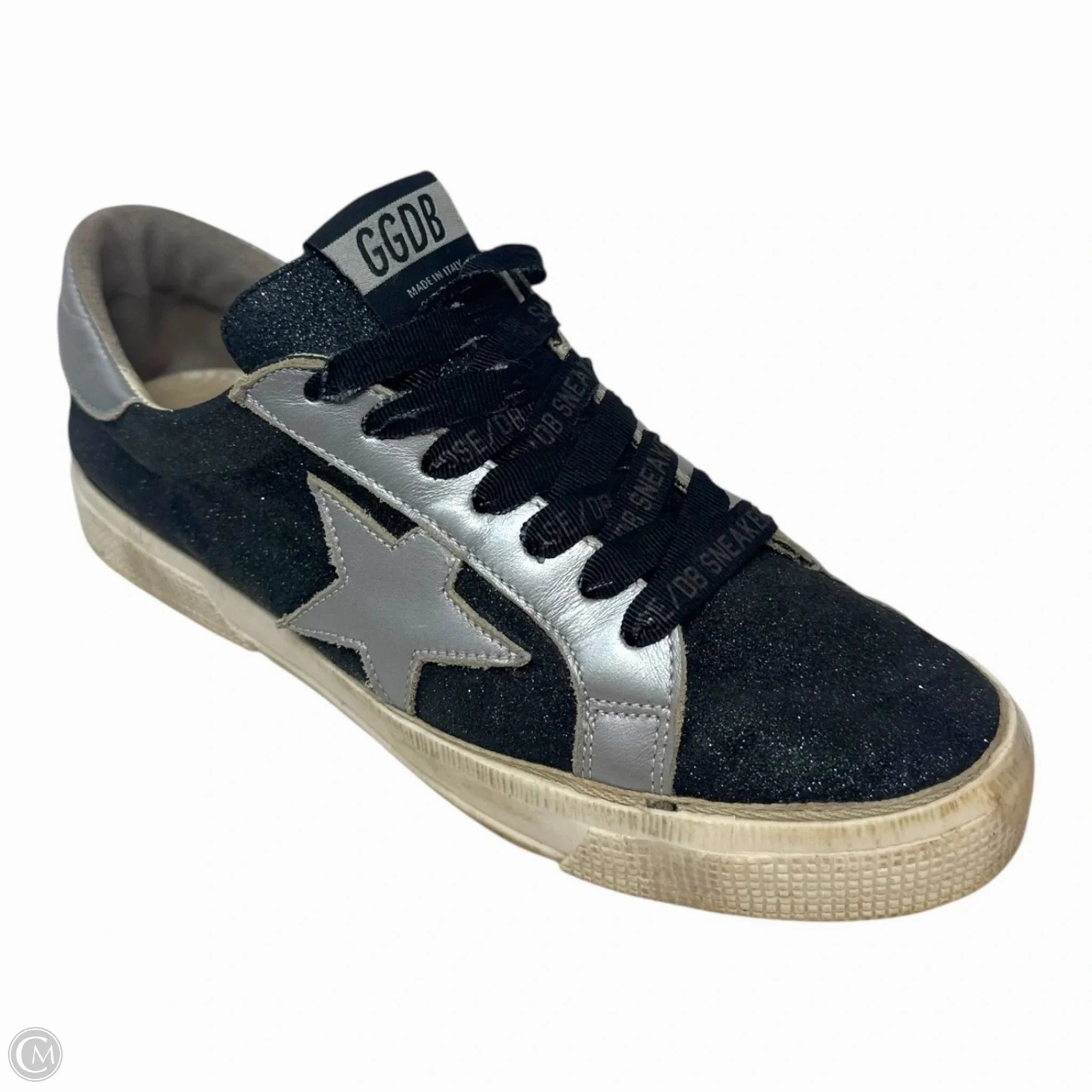 Match Fit May Glitter Sneaker Shoes Luxury Designer By Golden Goose In Black & Silver, Size: 7.5 (EU 38)