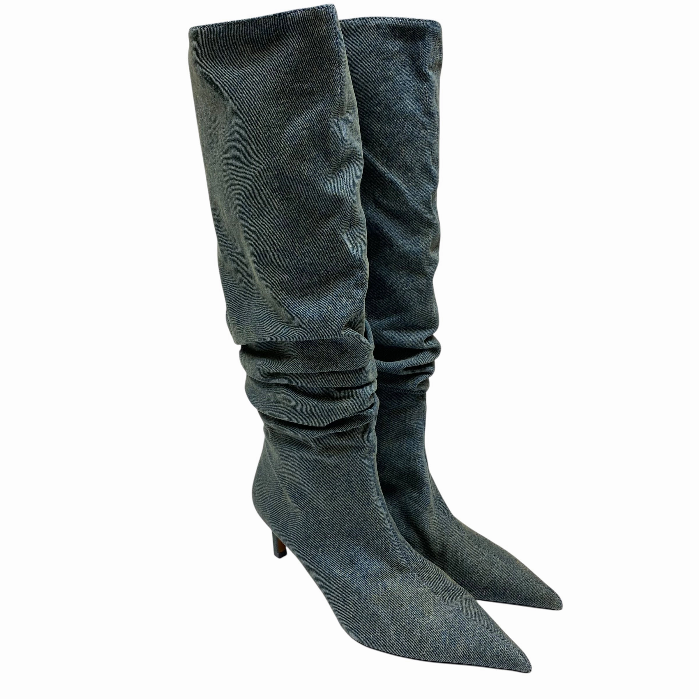 Durable Shell Stylish Explorer Ultimate Wear Boots Knee Heels By Zara In Blue Denim, Size:6.5