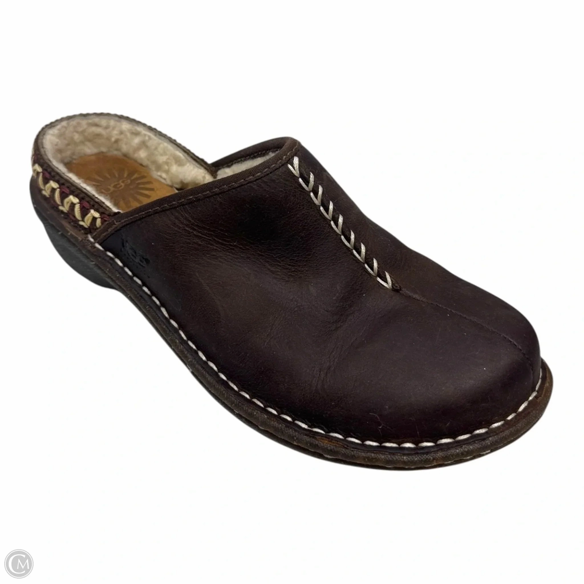 Fur Lined Leather Mules Shoes Designer By Ugg In Brown, Size: 8 Ventilated