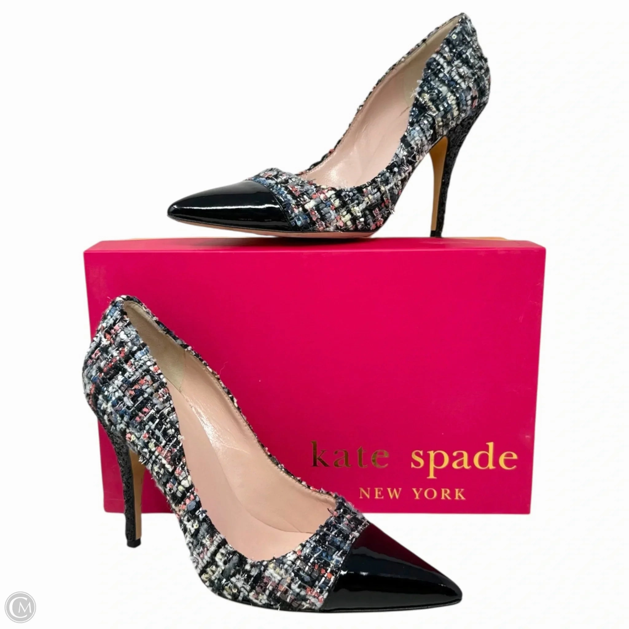 Lacy Tweed Glitter Heel Pointed Patent Cap Toe Pumps Designer By Kate Spade In Black, Size: 8 Modern Bold