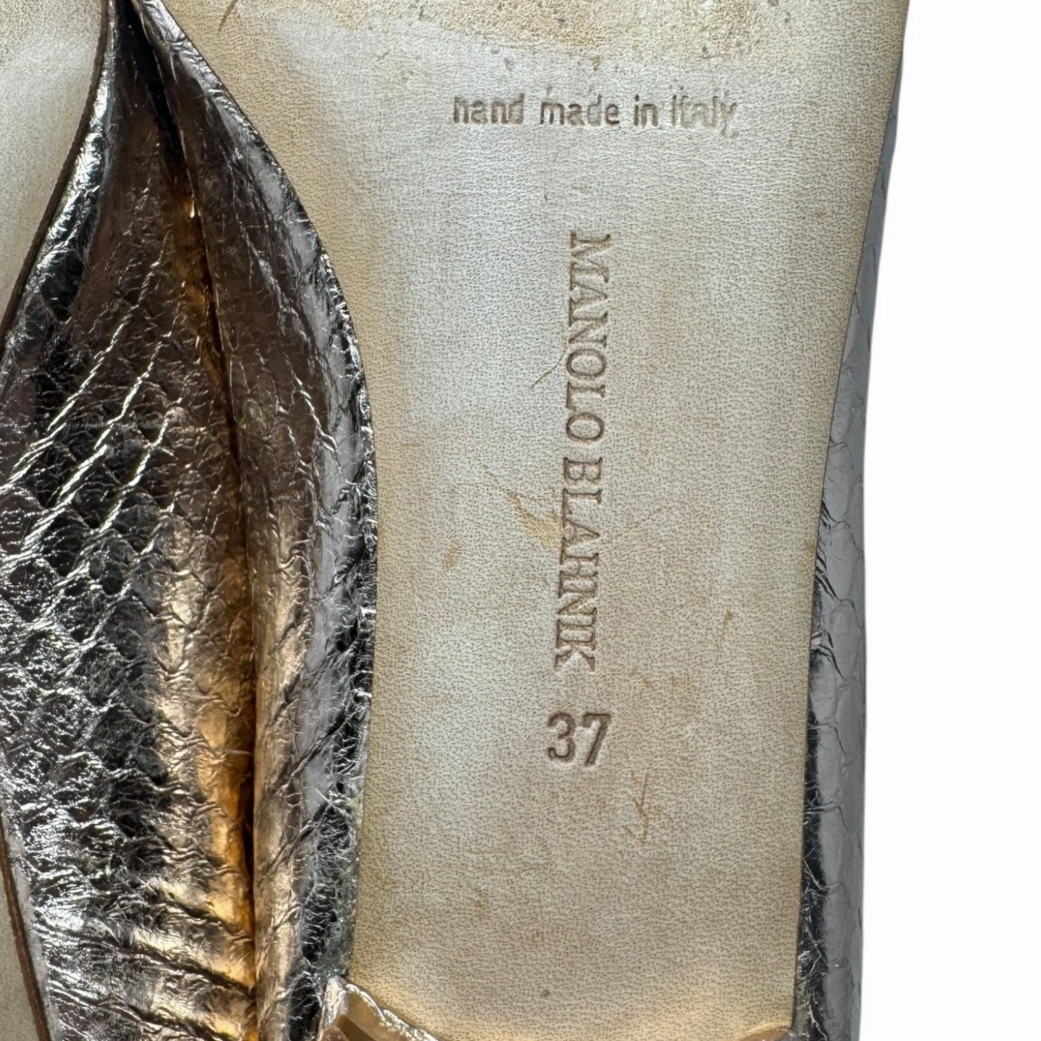 Metallic Snakeskin Peep Toe Block Heel Shoes Luxury Designer By Manolo Blahnik In Rose Gold, Size: 7 (IT 37) Angel Glow