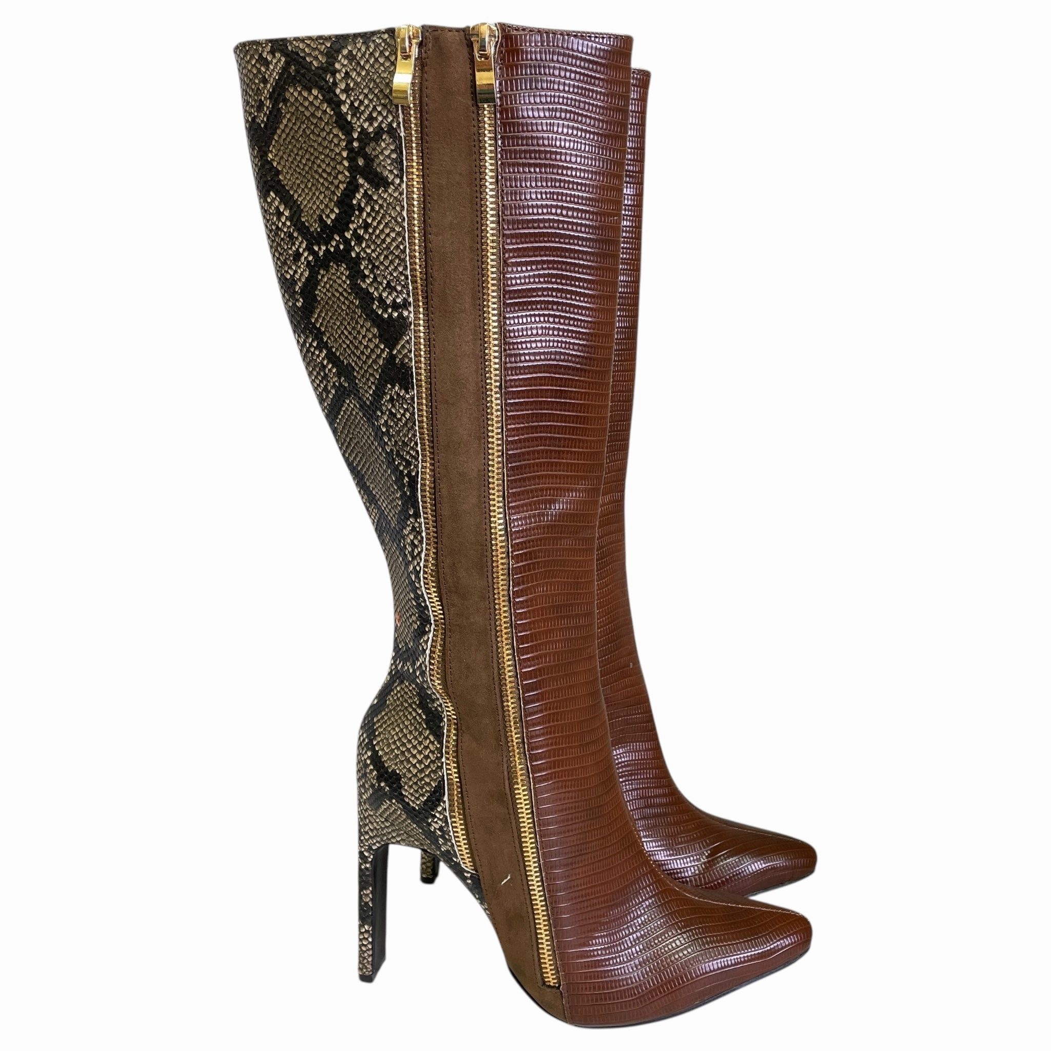 Boots Knee Heels By Shoedazzle In Brown, Size:7.5 Smart Look Easy Entry