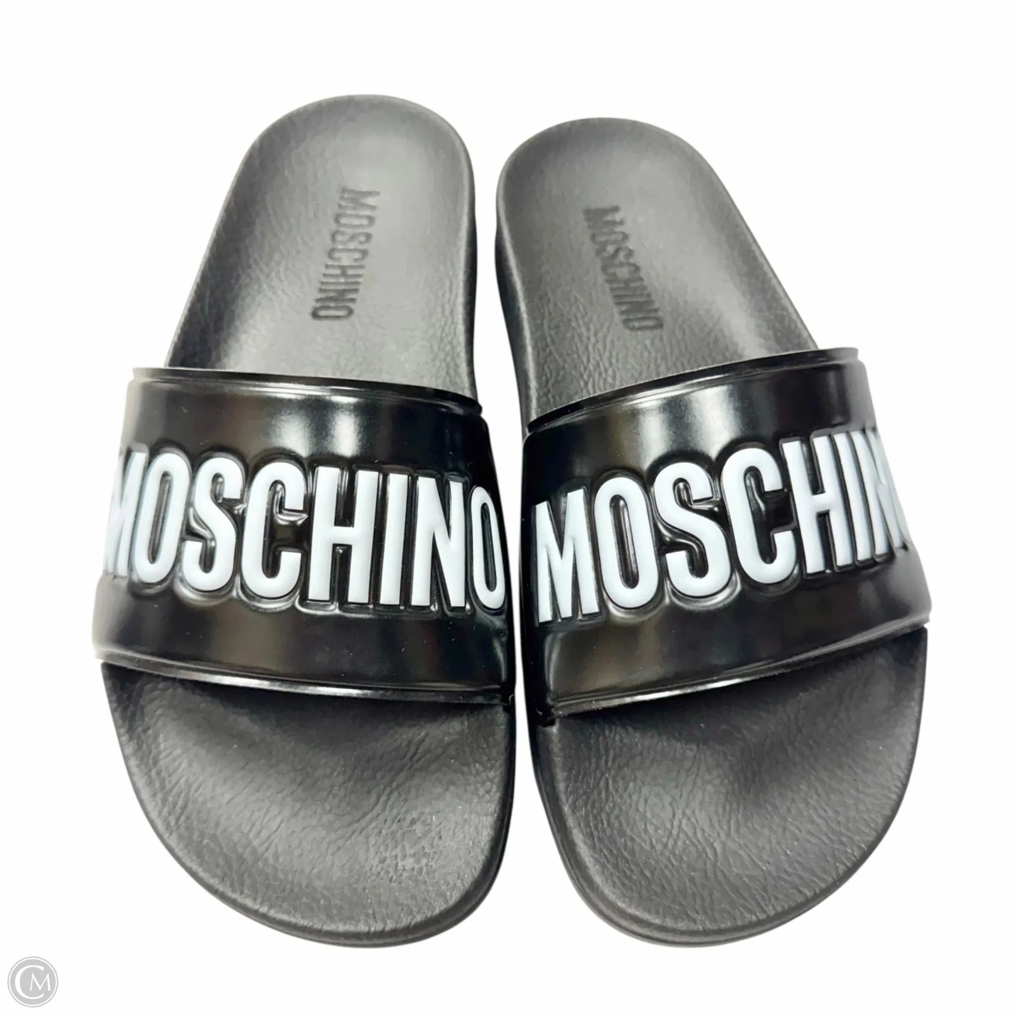 Sandals Luxury Designer By Moschino In Black, Size: 5.5 velcro Reinforced heel