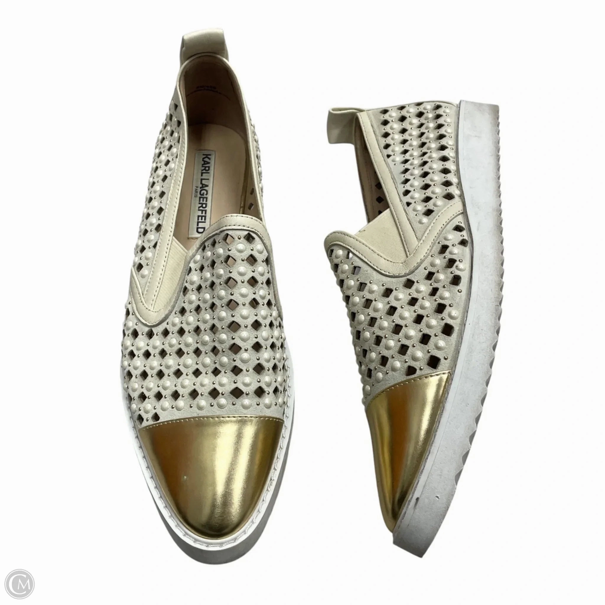 Sandals Designer By Karl Lagerfeld In Gold & White, Size: 9 Action Fast Sky View