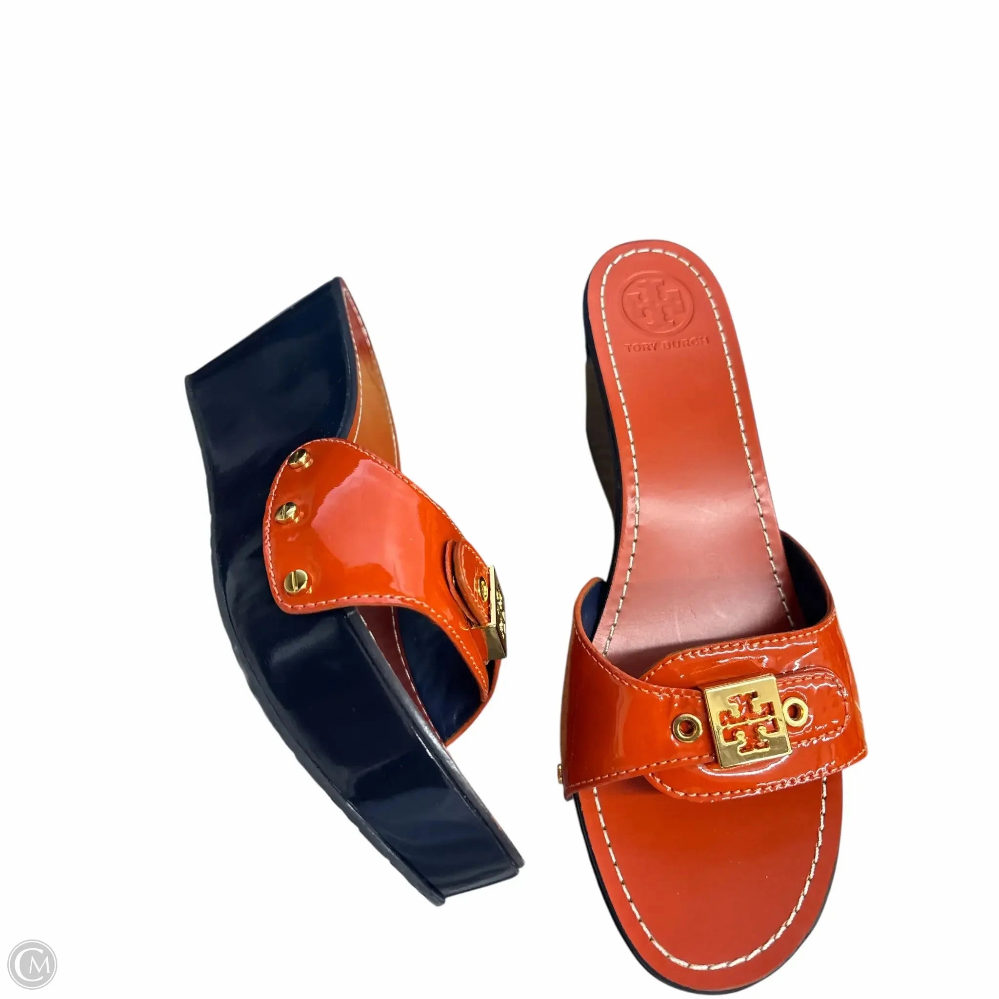 Ankle wrap Club Night Sandals Designer By Tory Burch In Blue & Orange, Size: 9.5