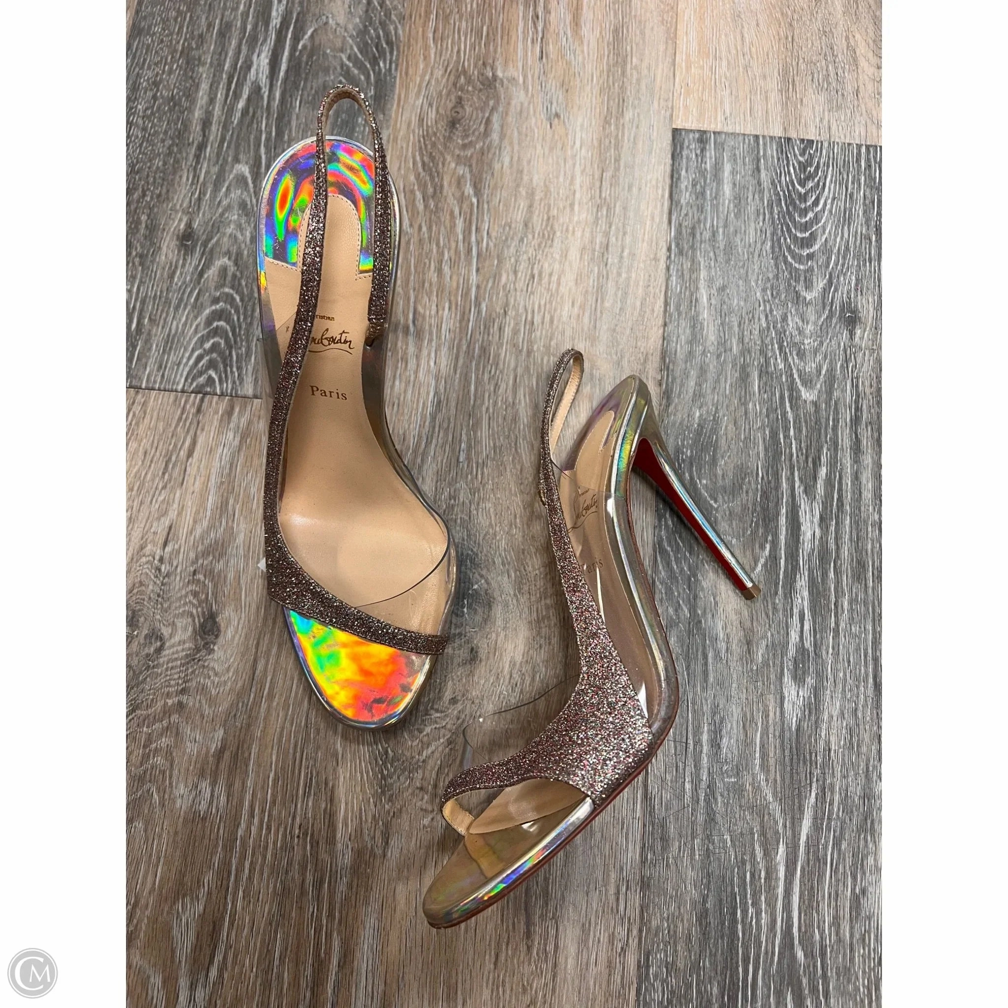 Breathable Material All Time Sandals Luxury Designer By Christian Louboutin In Silver, Size: 9.5/39.5