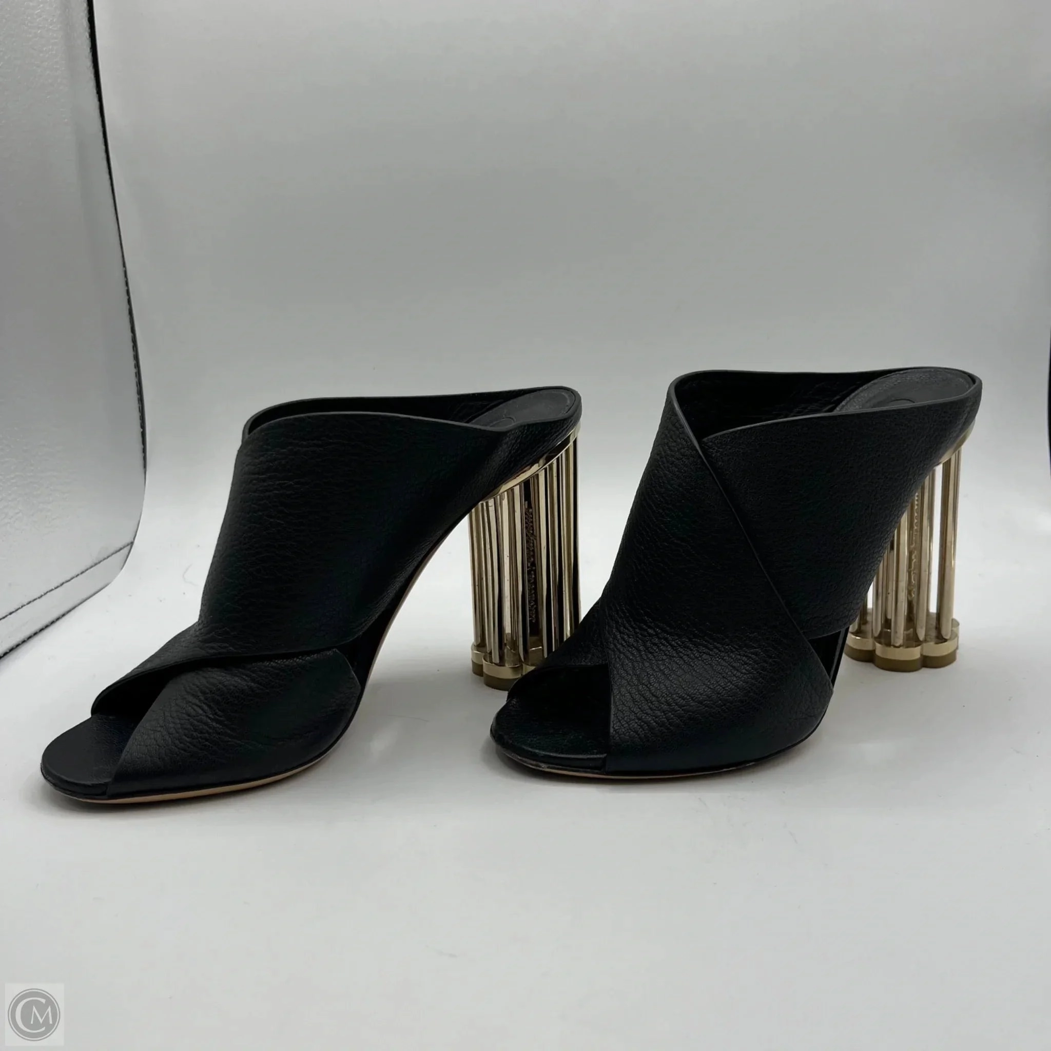 Ventilated Mesh Cold Weather Dad Pick Sandals Luxury Designer By Ferragamo In Black & Gold, Size: 7