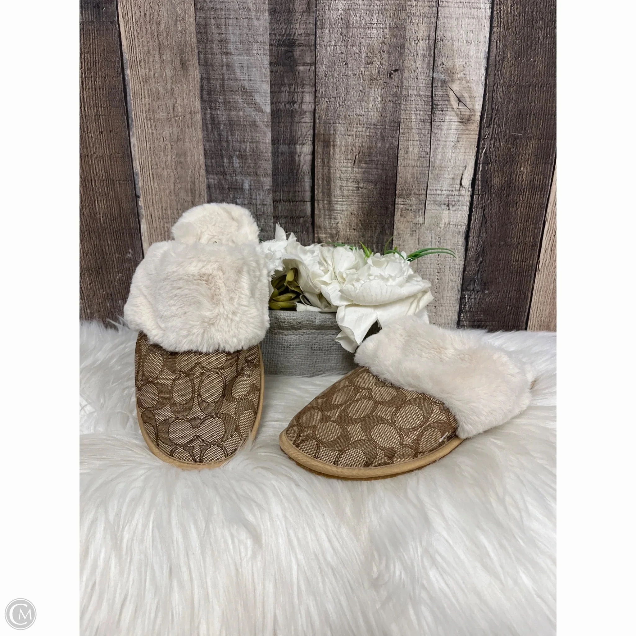 Comfort Tongue Dual Tone Slippers Designer By Coach In Brown