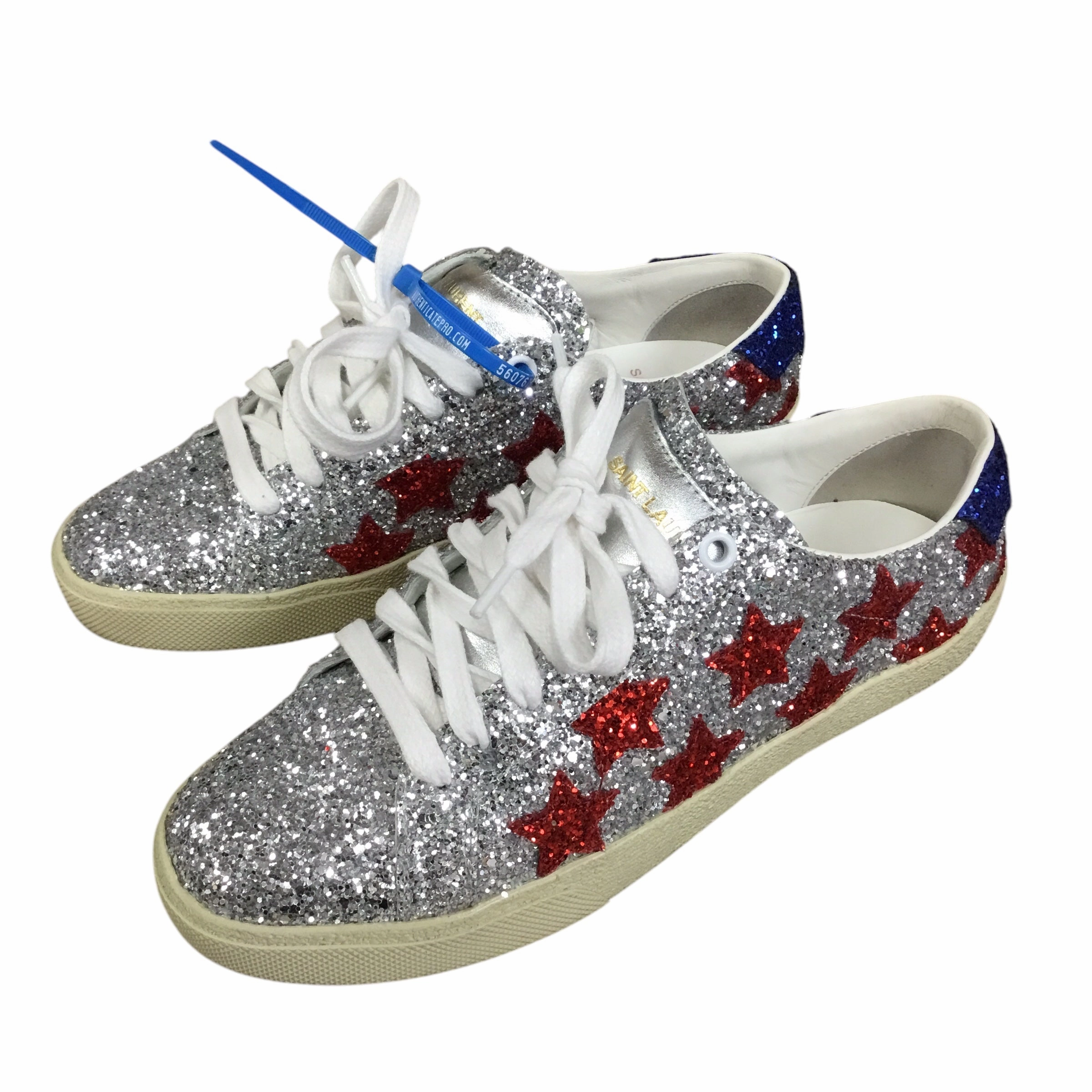 Padded Comfort Cold Weather Shoes Luxury Designer By Yves Saint Laurent In Blue & Red & White, Size: 7