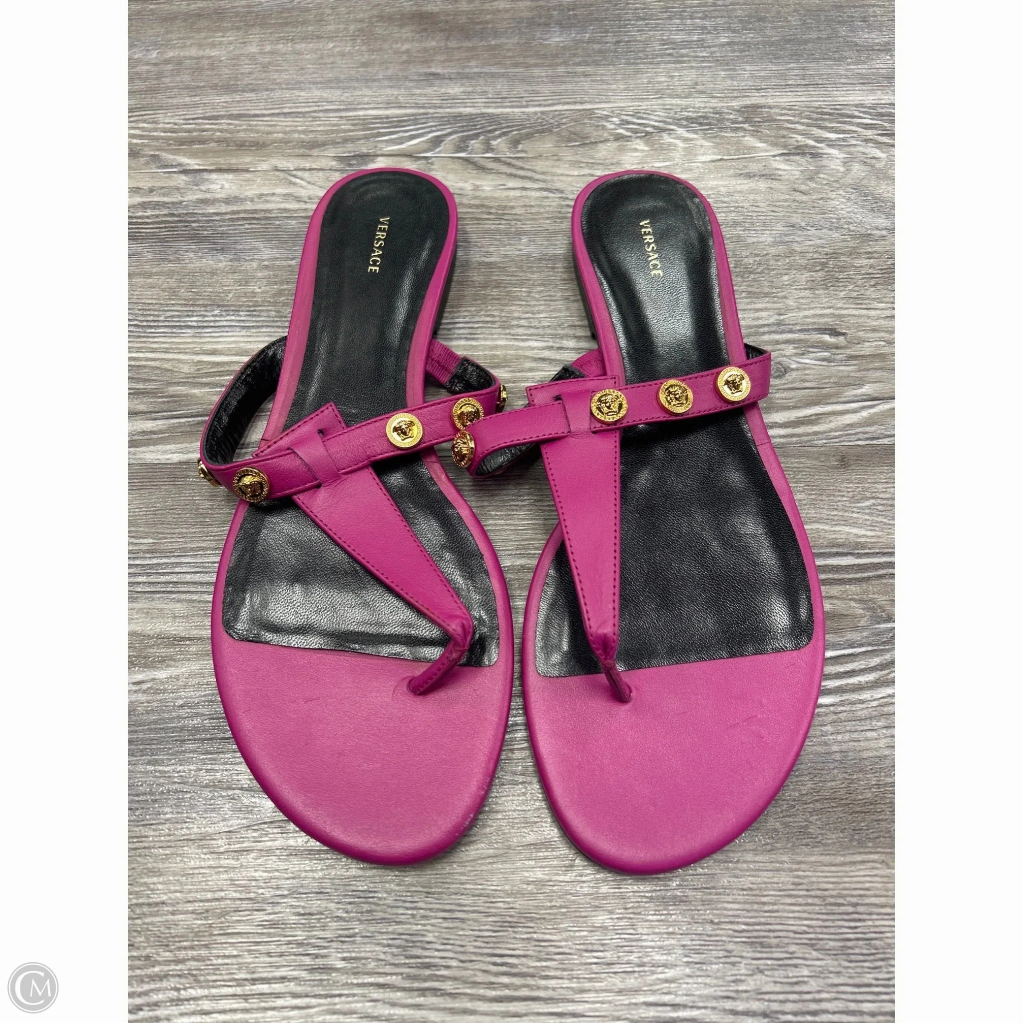 Non Restrictive Fit Design Office Cool Sandals Luxury Designer By Versace In Purple, Size: 10