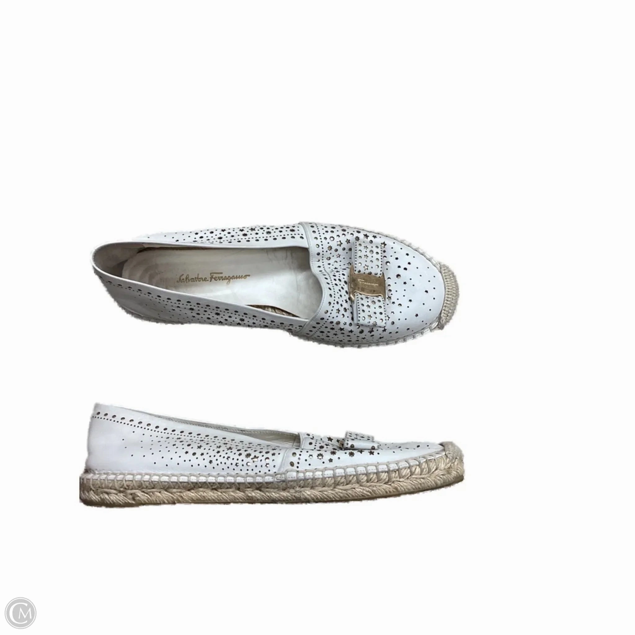 Vibration Dampening Layer Shoes Designer By Ferragamo In Gold & White, Size: 9.5