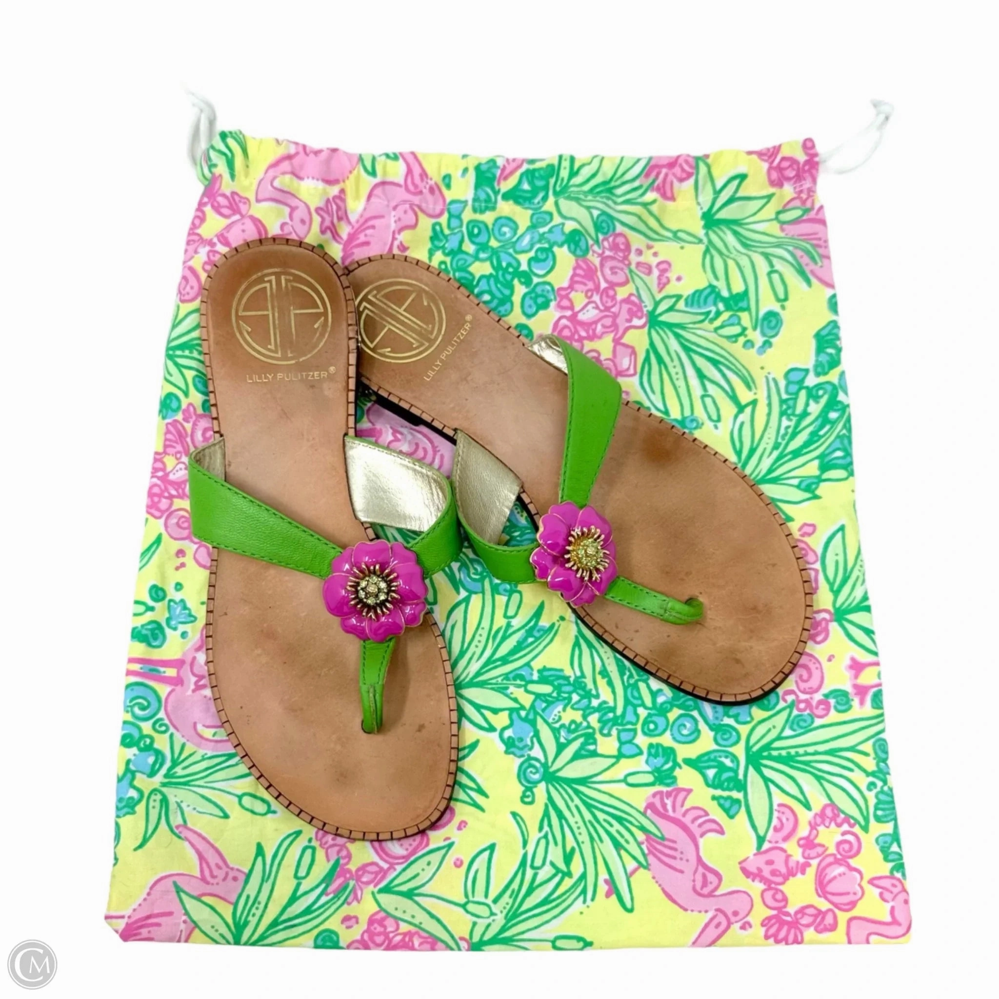 Vintage Rare Palm Beach Crystal Embellished Flower Thong Leather Sandals Designer By Lilly Pulitzer In Green & Pink, Size: 6.5 Lightweight Form Rainy Day