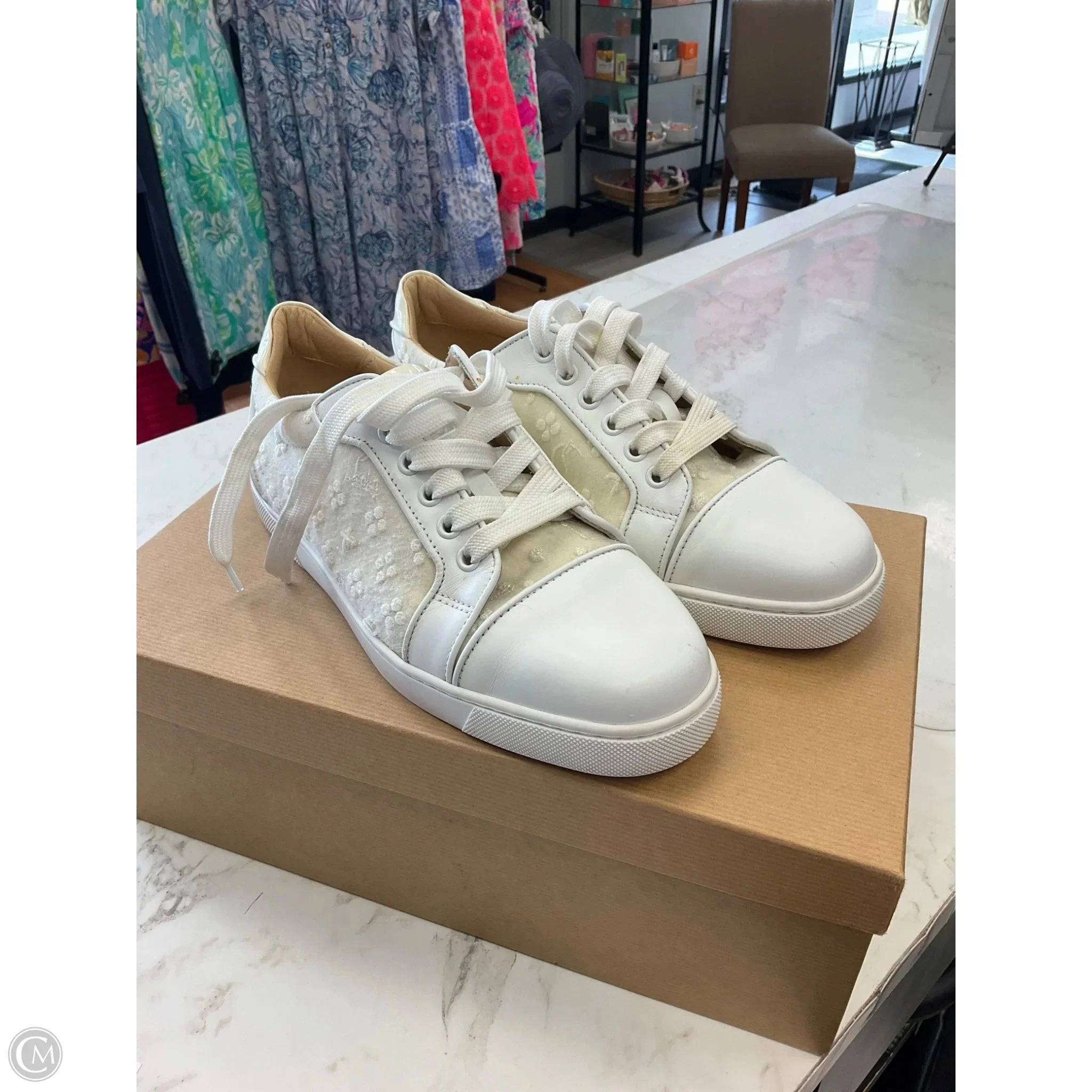 Long Move Durable Fabric Shoes Luxury Designer By Christian Louboutin In Cream, Size: 7.5