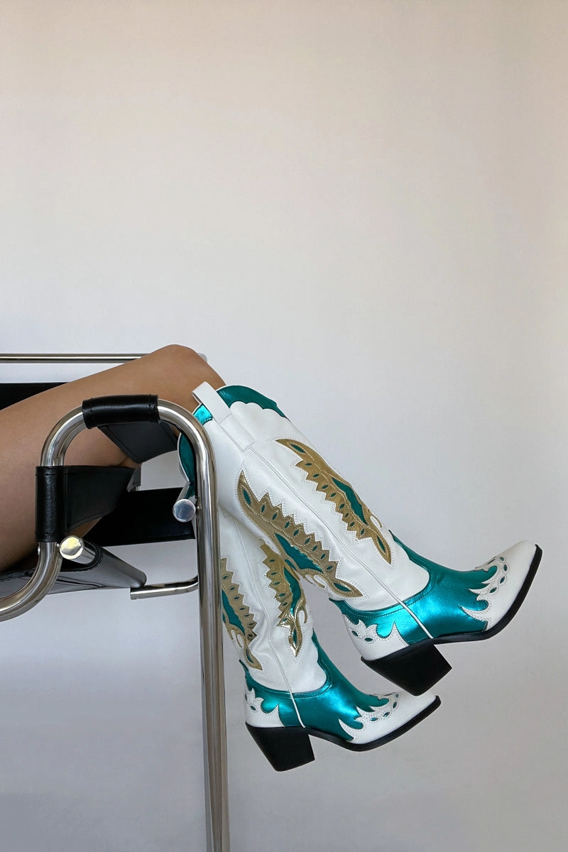 Azalea Wang Apolline Green Metallic Western Boots Comfortable Walk