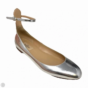 Contoured Footbed Tango Metallic Ankle Strap Flats Shoes Luxury Designer By Valentino-garavani In Silver, Size: 8
