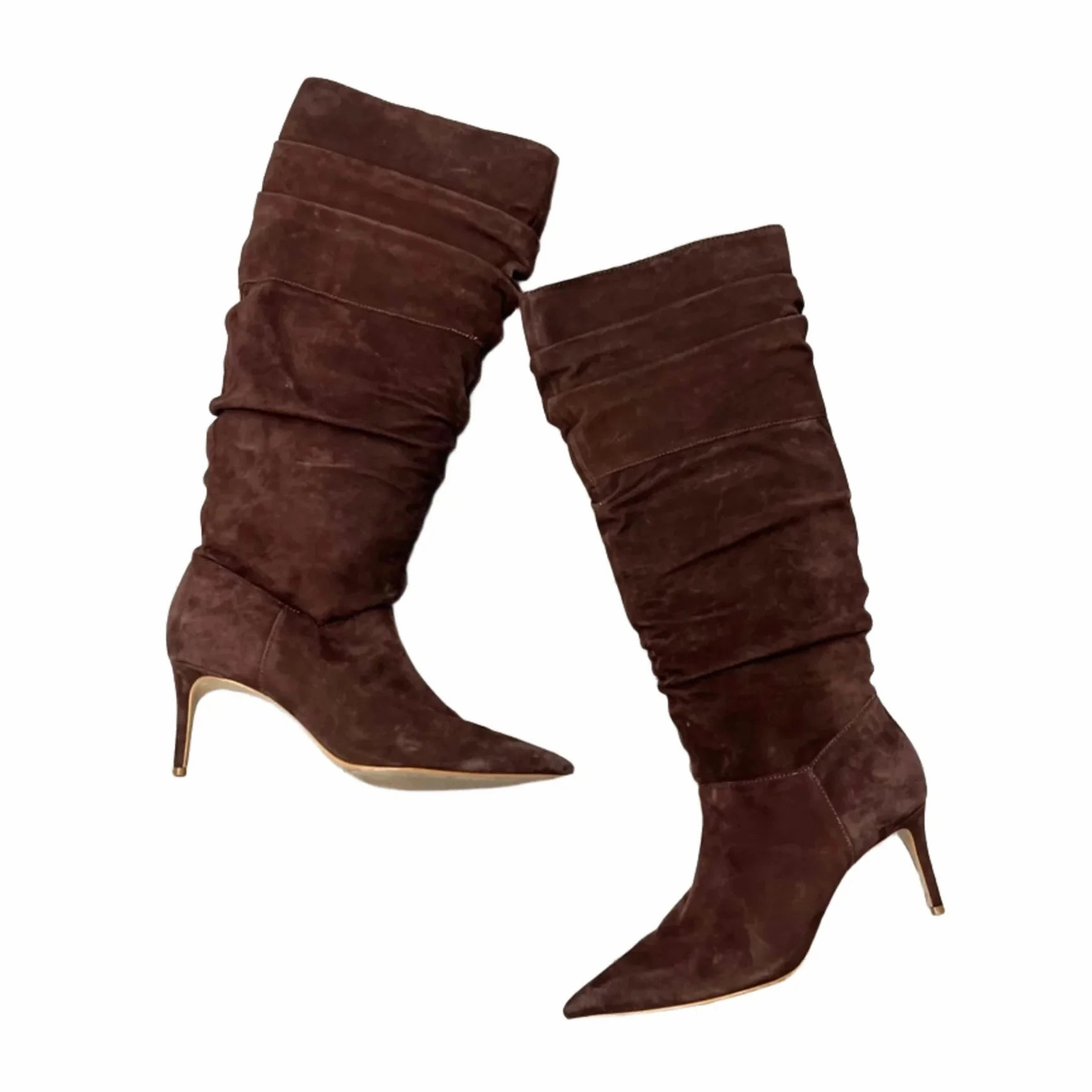 Boots Knee Heels By Schultz In Brown, Size: 9.5 Asymmetric Lacing System microfiber