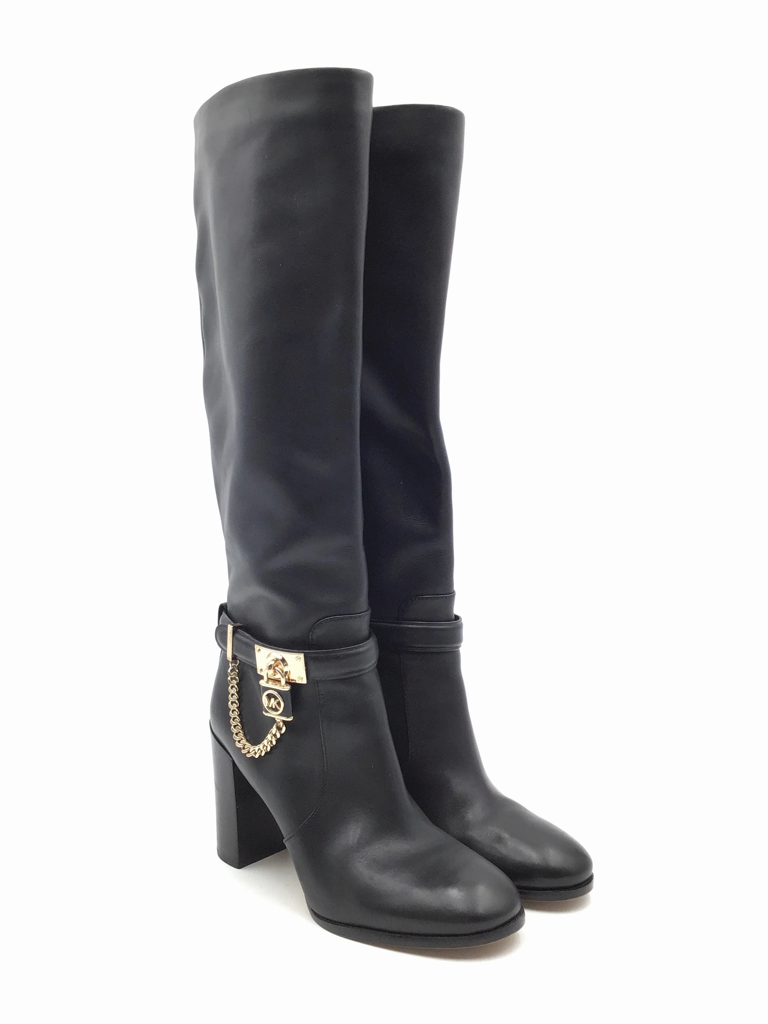 Boots Knee Heels By Michael Kors In Black & Gold, Size: 8 Trendy Footwear Padded Interior Cold Weather Commuter