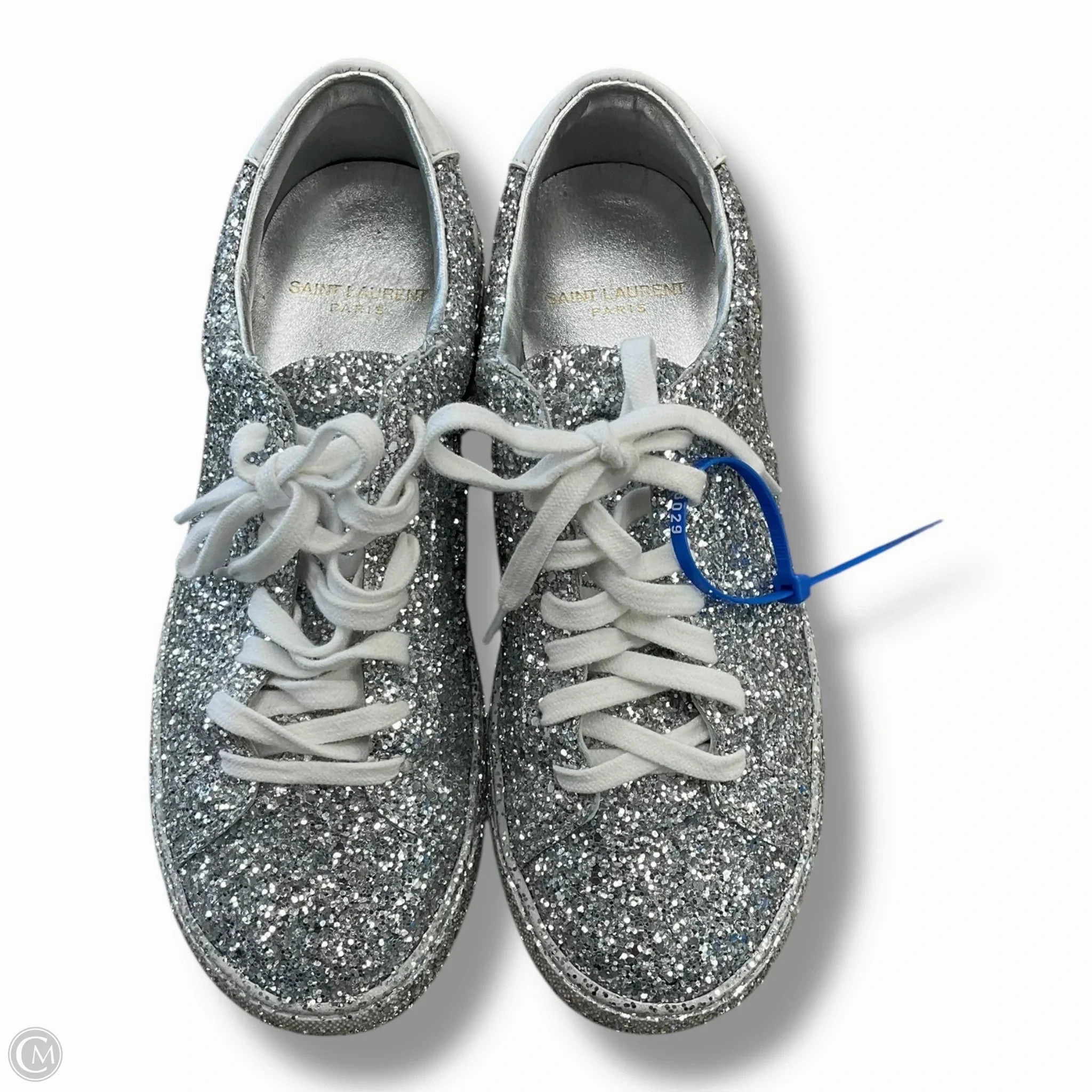 Comfort Upper Running Shoes Luxury Designer By Yves Saint Laurent In Silver, Size: 5.5