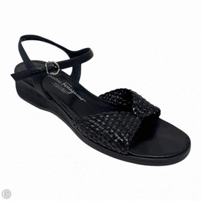 Woven Leather Ankle Strap Wedge Sandals Designer By Ferragamo In Black, Size: 9 Stability Heel Counter Dynamic Edge