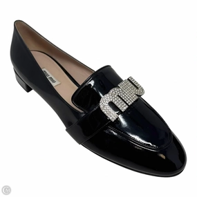 Wool Warm Vernice Crystal Logo Patent Loafers Luxury Designer By Miu Miu In Black, Size: 11 (IT 41)